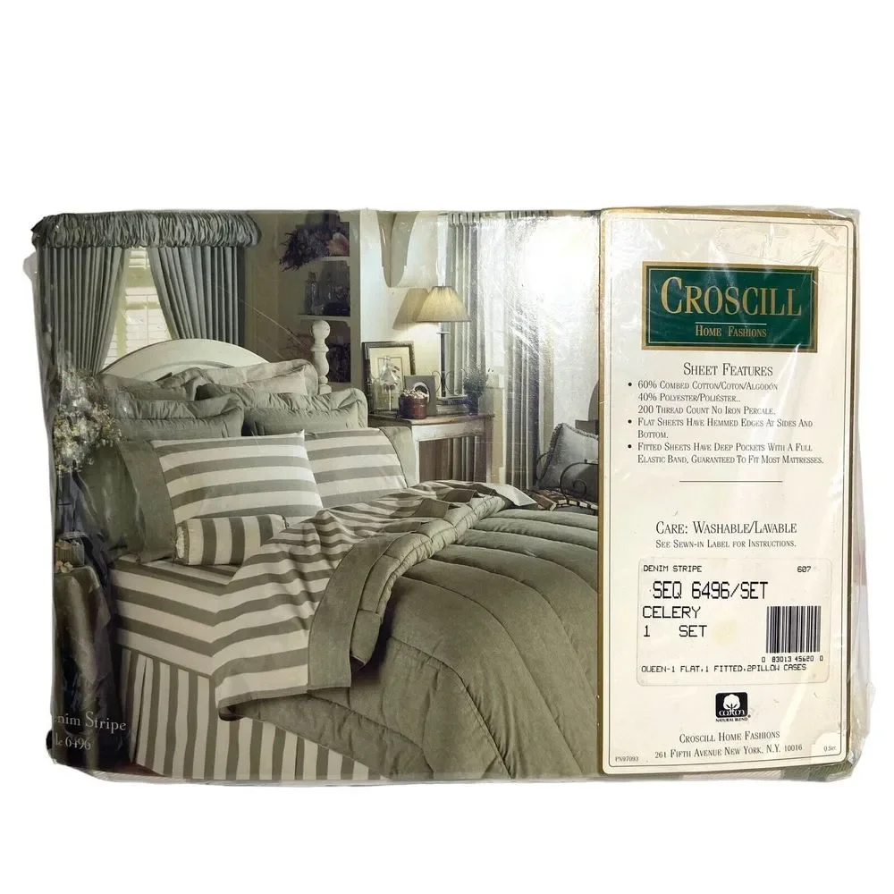 Vintage Croscill Queen Bedding Set Cotton Blend Denim Stripe 200 Luxury Percale